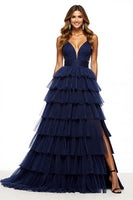 Load image into Gallery viewer, Navy Tiered V-Neck A Line Long Tulle Prom Dress with Slit