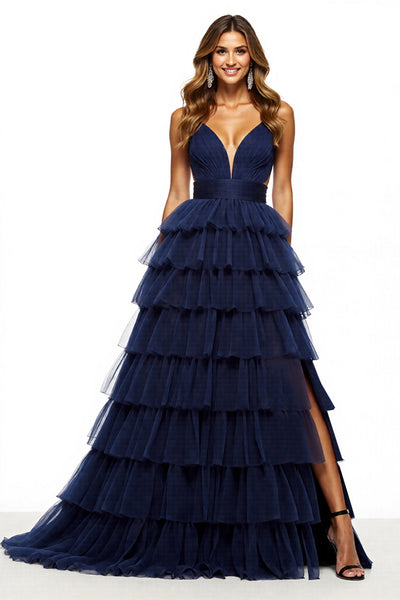 Navy Tiered V-Neck A Line Long Tulle Prom Dress with Slit