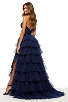 Navy Tiered V-Neck A Line Long Tulle Prom Dress with Slit
