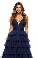 Load image into Gallery viewer, Navy Tiered V-Neck A Line Long Tulle Prom Dress with Slit