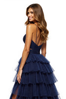 Load image into Gallery viewer, Navy Tiered V-Neck A Line Long Tulle Prom Dress with Slit