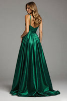 Load image into Gallery viewer, Satin Dark Green A Line Spaghetti Straps Ruched Long Prom Dress with Slit