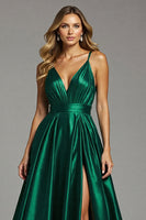 Load image into Gallery viewer, Satin Dark Green A Line Spaghetti Straps Ruched Long Prom Dress with Slit