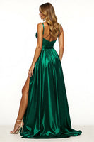 Load image into Gallery viewer, Dark Green A Line V-Neck Long Satin Prom Dress with Slit