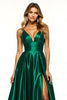 Load image into Gallery viewer, Dark Green A Line V-Neck Long Satin Prom Dress with Slit