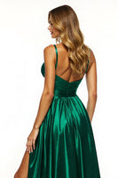 Load image into Gallery viewer, Dark Green A Line V-Neck Long Satin Prom Dress with Slit