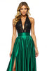 Load image into Gallery viewer, Black Green Satin Halter A Line Long Prom Dress with Slit