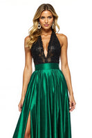 Load image into Gallery viewer, Black Green Satin Halter A Line Long Prom Dress with Slit