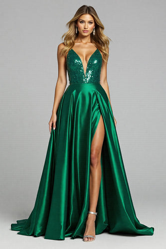 Sparkly Dark Green Deep V-Neck Satin Long Prom Dress with Slit