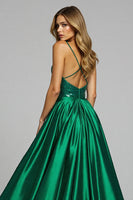 Load image into Gallery viewer, Sparkly Dark Green Deep V-Neck Satin Long Prom Dress with Slit