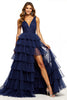 Load image into Gallery viewer, Navy V-Neck A Line Tulle Tiered Long Prom Dress with Slit