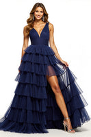 Load image into Gallery viewer, Navy V-Neck A Line Tulle Tiered Long Prom Dress with Slit