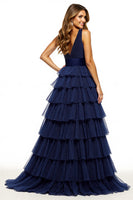 Load image into Gallery viewer, Navy V-Neck A Line Tulle Tiered Long Prom Dress with Slit