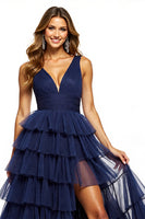 Load image into Gallery viewer, Navy V-Neck A Line Tulle Tiered Long Prom Dress with Slit