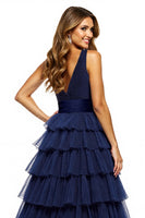Load image into Gallery viewer, Navy V-Neck A Line Tulle Tiered Long Prom Dress with Slit