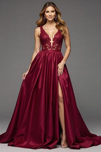Burgundy Deep V-Neck Satin A Line Long Prom Dress with Lace