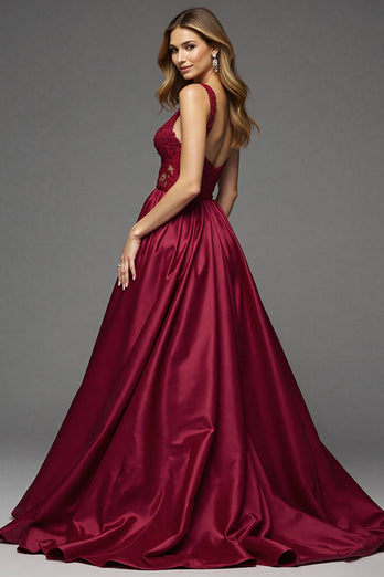 Burgundy Deep V-Neck Satin A Line Long Prom Dress with Lace
