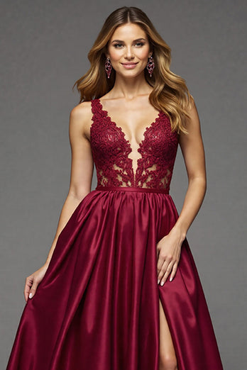 Burgundy Deep V-Neck Satin A Line Long Prom Dress with Lace