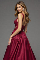Load image into Gallery viewer, Burgundy Deep V-Neck Satin A Line Long Prom Dress with Lace