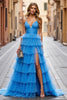 Load image into Gallery viewer, Sky Blue A Line Ruffled Spaghetti Straps Long Tulle Prom Dress with Slit