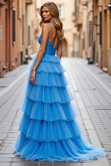 Sky Blue A Line Ruffled Spaghetti Straps Long Tulle Prom Dress with Slit