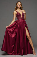 Load image into Gallery viewer, Burgundy A Line V-Neck Long Satin Prom Dress with Slit