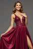 Load image into Gallery viewer, Burgundy A Line V-Neck Long Satin Prom Dress with Slit