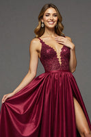 Load image into Gallery viewer, Burgundy A Line V-Neck Long Satin Prom Dress with Slit