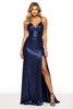 Load image into Gallery viewer, Navy Spaghetti Straps Sheath Long Satin Prom Dress with Slit