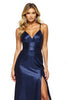 Load image into Gallery viewer, Navy Spaghetti Straps Sheath Long Satin Prom Dress with Slit