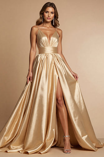 Golden A Line Spaghetti Straps Long Satin Prom Dress with Slit