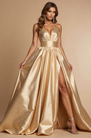 Load image into Gallery viewer, Golden A Line Spaghetti Straps Long Satin Prom Dress with Slit