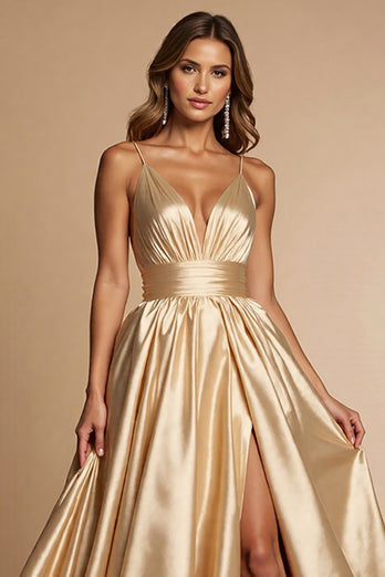 Golden A Line Spaghetti Straps Long Satin Prom Dress with Slit