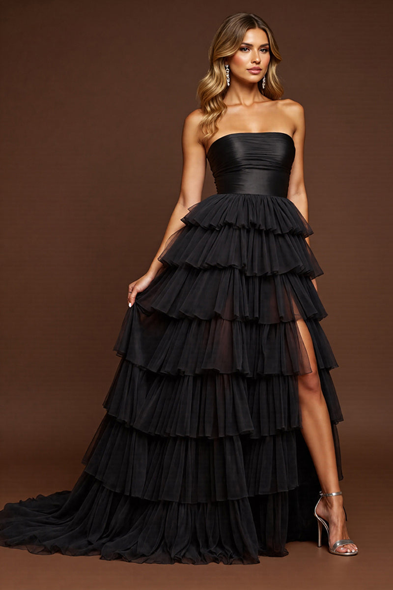 Load image into Gallery viewer, Black Tulle A Line Long Tiered Prom Dress with Slit