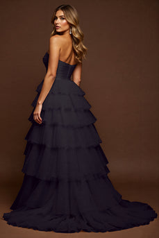 Black Tulle A Line Long Tiered Prom Dress with Slit