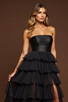 Load image into Gallery viewer, Black Tulle A Line Long Tiered Prom Dress with Slit