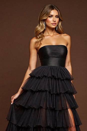 Black Tulle A Line Long Tiered Prom Dress with Slit