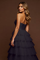Load image into Gallery viewer, Black Tulle A Line Long Tiered Prom Dress with Slit