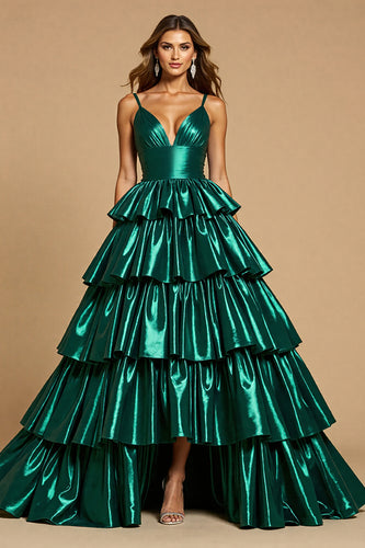 Dark Green A Line Tiered Long Satin Prom Dress