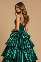 Load image into Gallery viewer, Dark Green A Line Tiered Long Satin Prom Dress