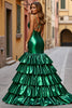 Load image into Gallery viewer, Dark Green Satin Mermaid Tiered Long Prom Dress with Slit