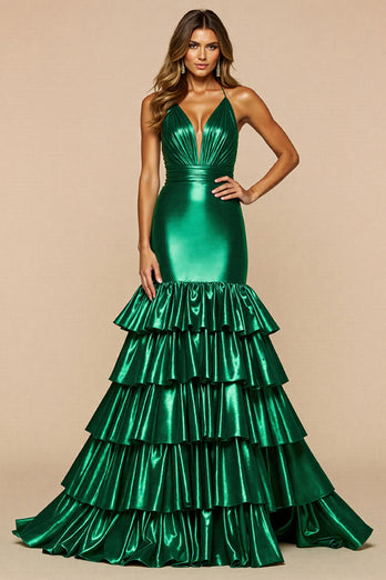 Dark Green Satin Mermaid Tiered Long Prom Dress with Slit