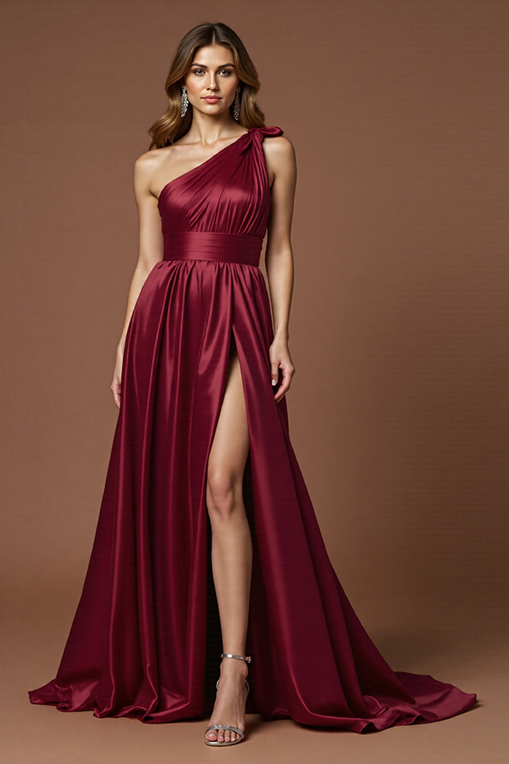 Burgundy A Line One Shoulder Long Satin Prom Dress with Slit