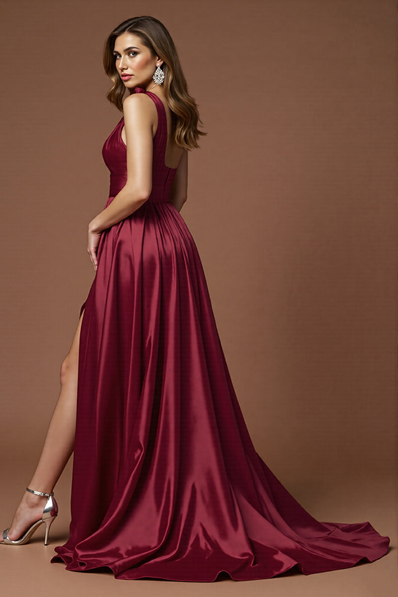 Load image into Gallery viewer, Burgundy A Line One Shoulder Long Satin Prom Dress with Slit