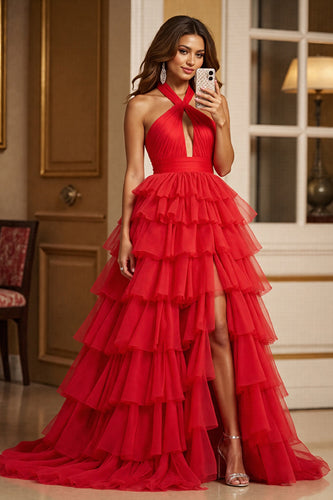 Red A Line Tulle Halter Long Prom Dress with Slit