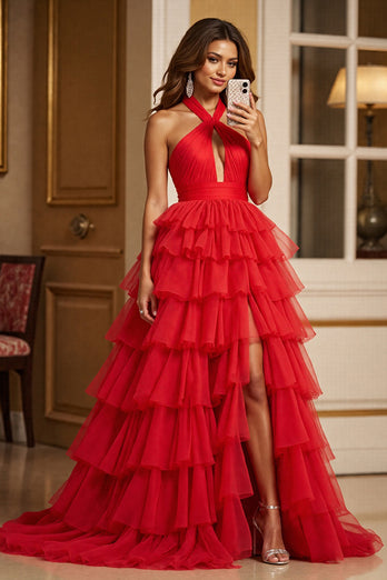 Red A Line Tulle Halter Long Prom Dress with Slit