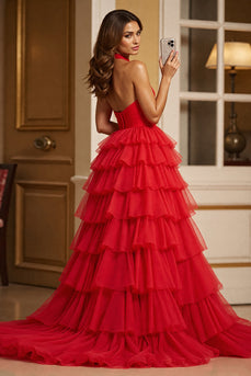 Red A Line Tulle Halter Long Prom Dress with Slit