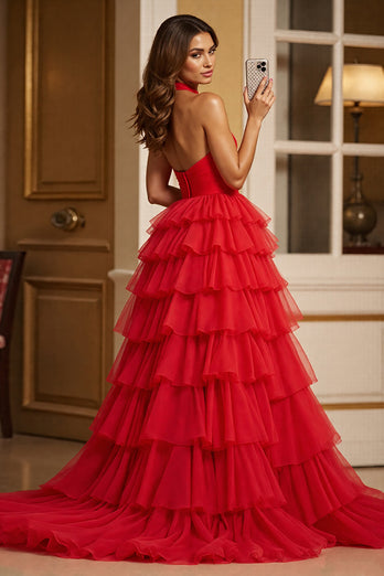 Red A Line Tulle Halter Long Prom Dress with Slit
