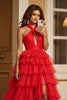 Load image into Gallery viewer, Red A Line Tulle Halter Long Prom Dress with Slit