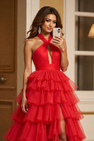 Load image into Gallery viewer, Red A Line Tulle Halter Long Prom Dress with Slit